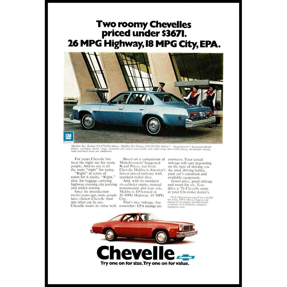 1976 Chevy Chevelle Malibu Vintage Print Ad Dulles Airport Flight Attendants Art
